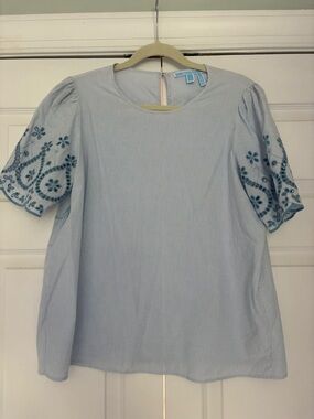Draper James Light Blue Embroidered Puff Sleeve Blouse